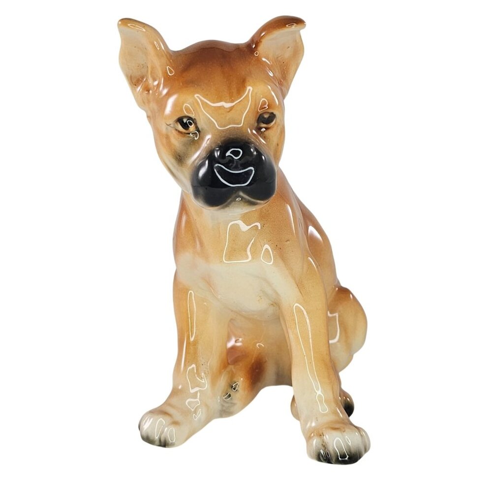 Vintage Boxer Dog Figurine Ceramic Collectible Statue Sitting Japan